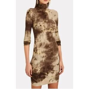 Enza Costa Mini‎ Dress Size Medium Brown Beige Tie Dye Turtleneck Ribbed Bodycon